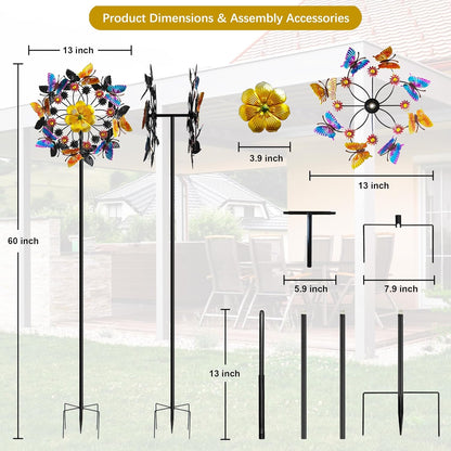 Double Blade Butterfly Wind Spinners, Outdoor Garden 360° Swivel Spinners 50 inch Garden Stakes