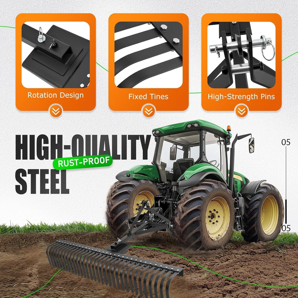 KUAFU 60" Landscape Rake, 3 Point Rake 360 Rotation Compatible with Category 1 Cat1 Compact