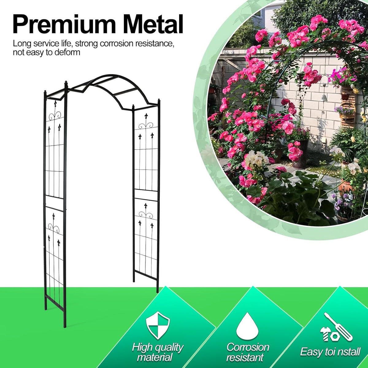 Heavy Duty Metal Garden Arch 7.6ft High Garden Arbor for for Climbing Plants Roses Vines, Outdoor