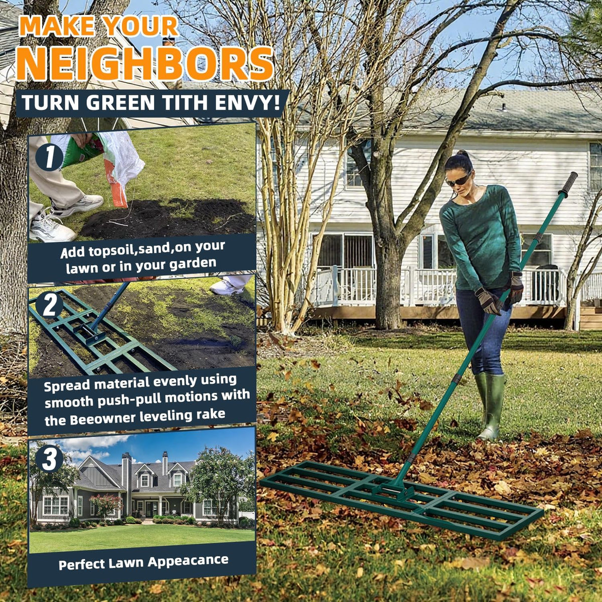 Lawn Leveling Rake Heavy Duty Stainless Steel Lawn Leveler Tool 45”x10” with 78” Adjustable Long