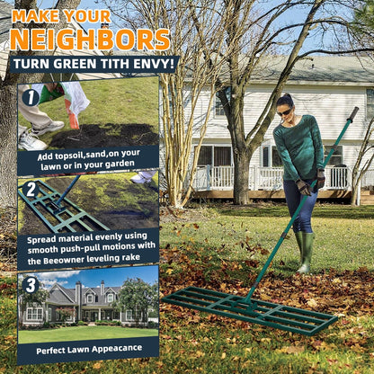 Lawn Leveling Rake Heavy Duty Stainless Steel Lawn Leveler Tool 45”x10” with 78” Adjustable Long