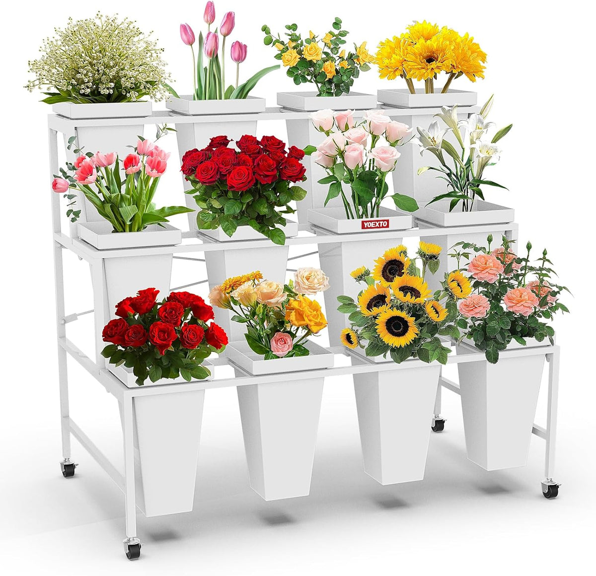 Flower Display Stand 3 Layers with 12 PCS Round Buckets, Plant Stand with Wheels, Movable Metal