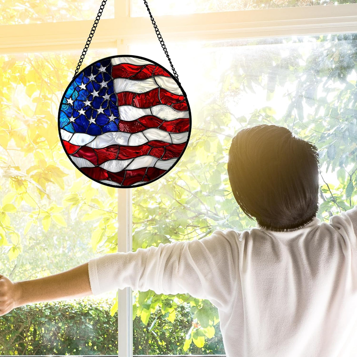 Stained Glass Window Hanging, Blue, White Red National Flag Pattern Sun Catchers Diamond Glass