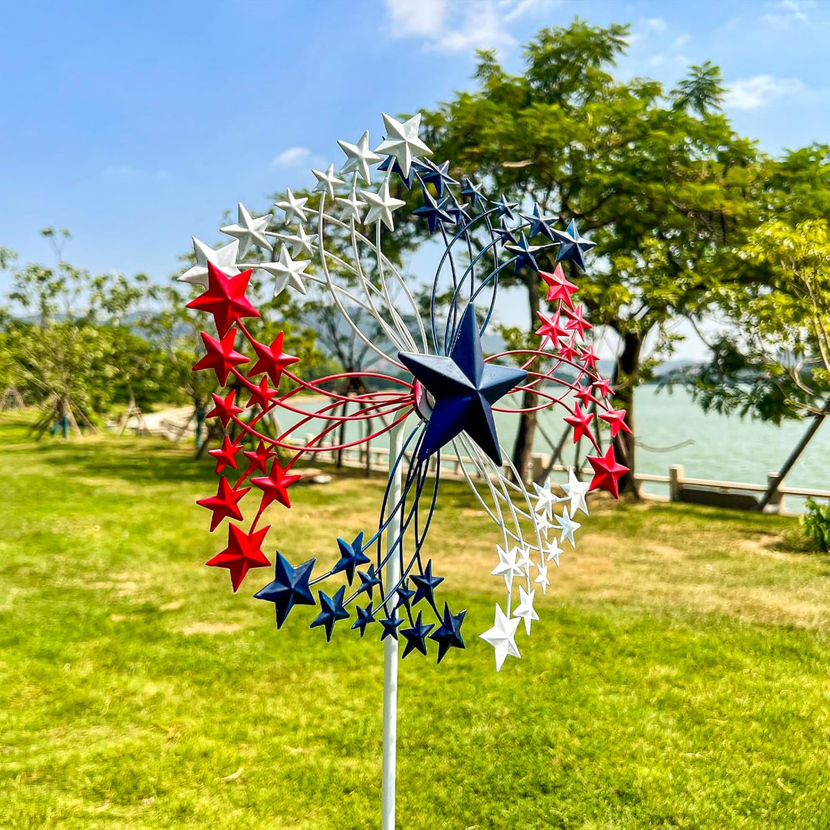 47.3” Red White & Blue Patriotic Wind Spinner – Star Design American Flag Spinner Outdoor – Metal