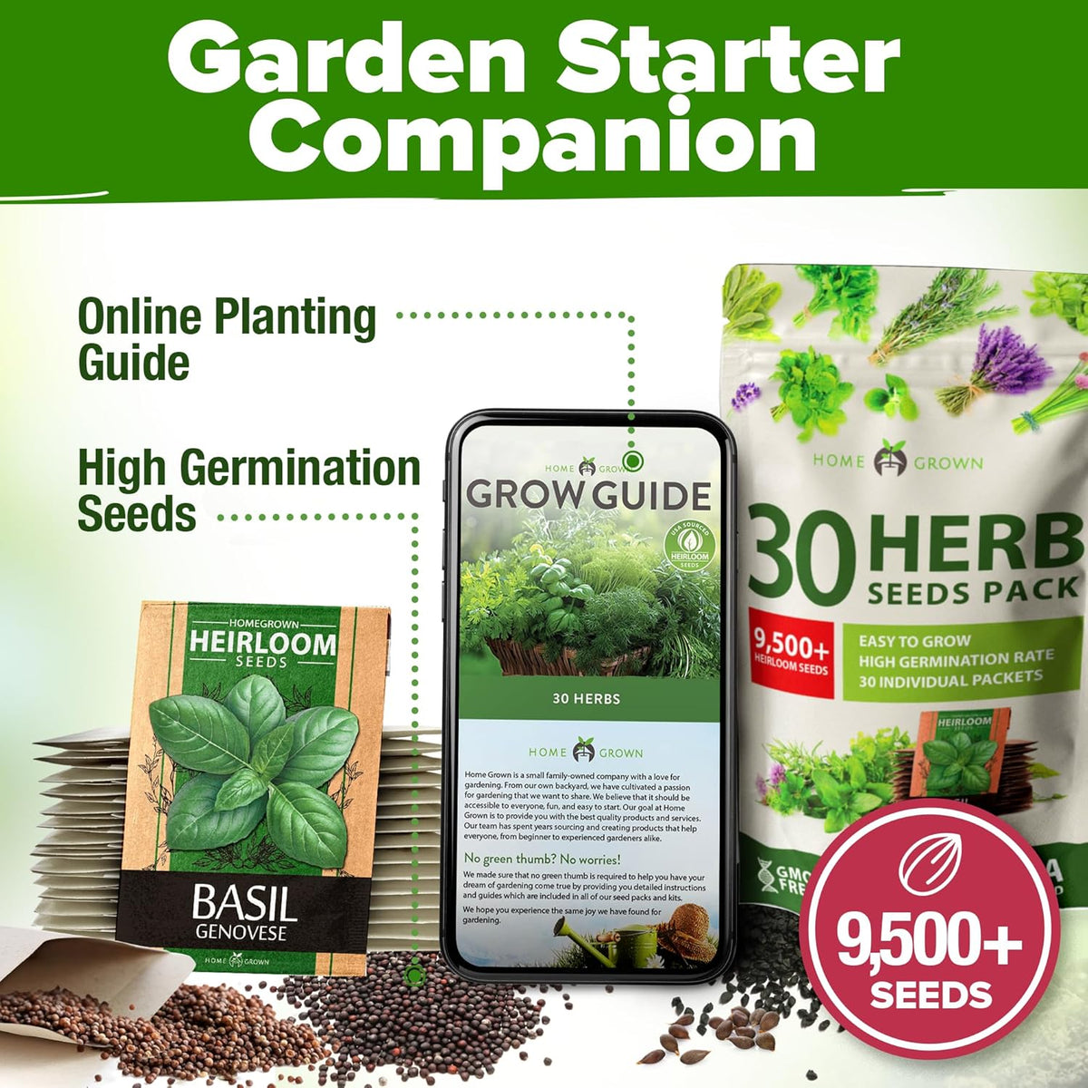 HOME GROWN 30 Herb Seeds for Planting 9,500+ Non-GMO Heirloom Seeds | Extra Large Variety Pack Herb