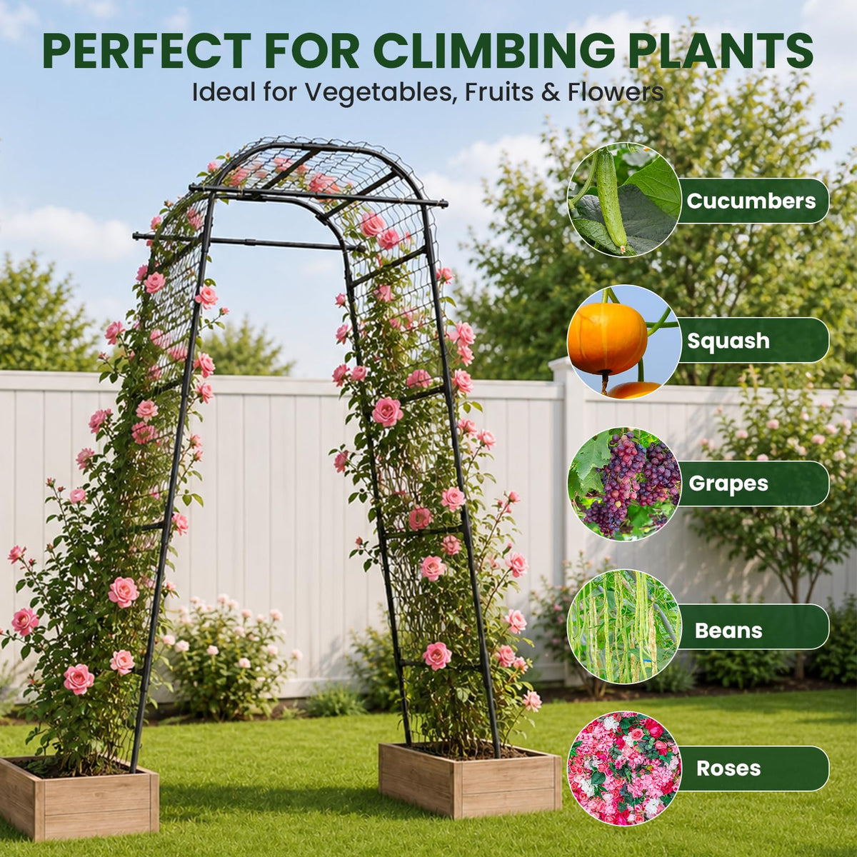 Heavy Duty Garden Arch Trellis for Climbing Plants, 20mm Thick Rustproof Metal Frame, Easy Assembly