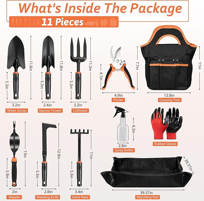 11 Pcs Garden Tools Set, HaSteeL Gardening Supplies Hand Tools Kit for Women Men Gardeners, Include