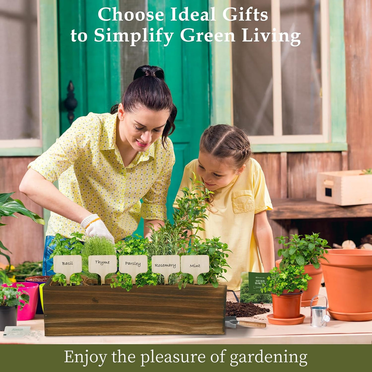 5 Herb Garden Planter Indoor with Wooden Box, Home Kitchen Seed Starter Kit Including Basil, Thyme