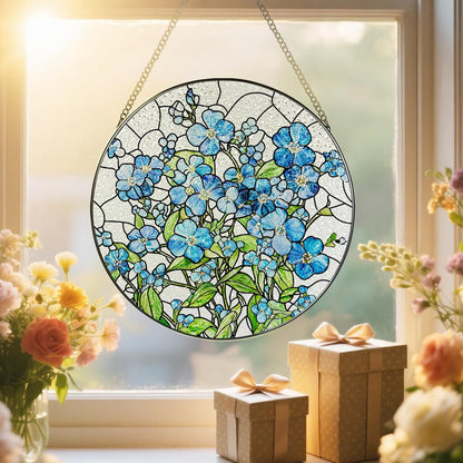 Stained Glass Window Hanging, 8 Inch Forget Me Not Stained Glass Suncatcher, Window Hanging Decor
