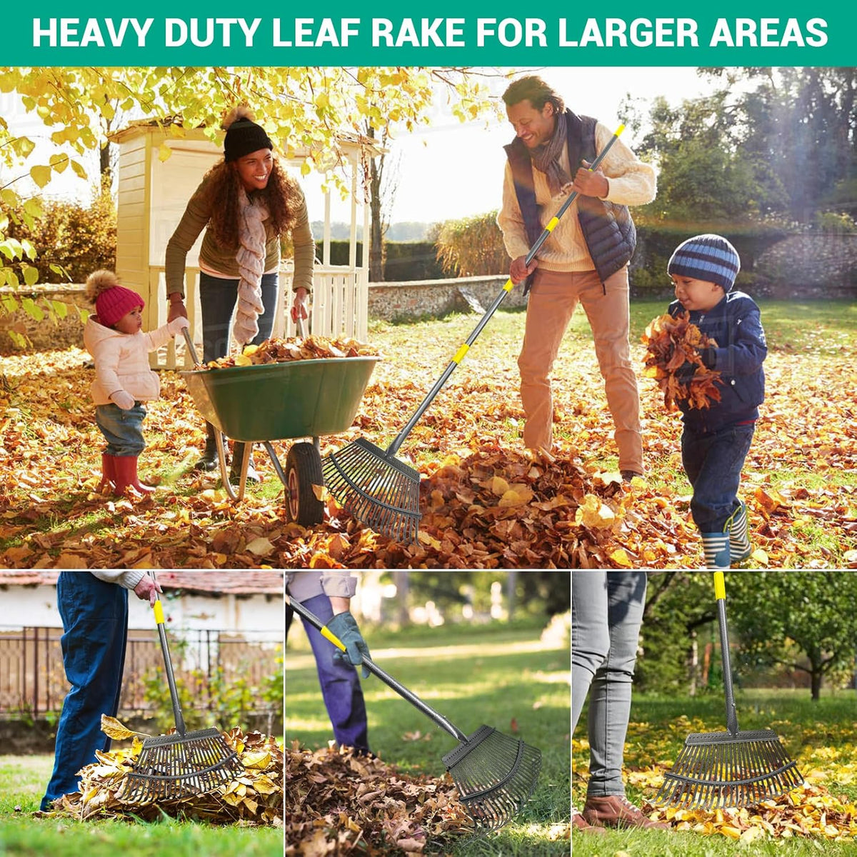 Adjustable Garden Rake for Leaves 36-73" Long Handle, 18" Wide, Heavy Duty with 25 Metal Tines