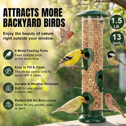 FEED GARDEN Metal Bird Feeder- 6 Port Tube Feeder for Outdoors with Metal Lid, Easy Fill & Clean