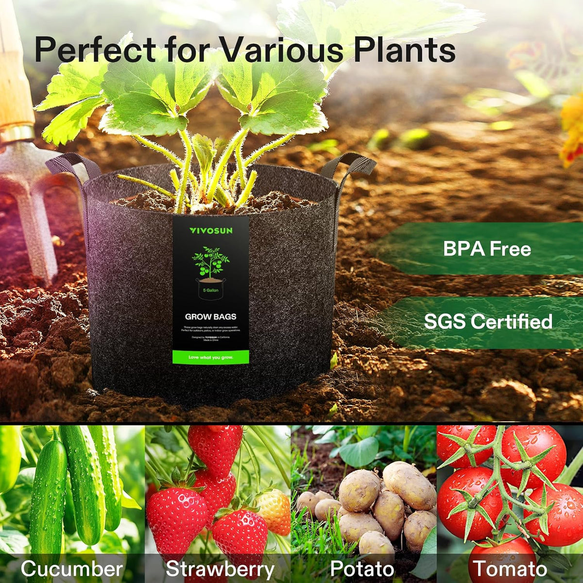 VIVOSUN 20-Pack 5 Gallon Grow Bags, Heavy Duty Thickened Nonwoven Fabric Pots with Handles for
