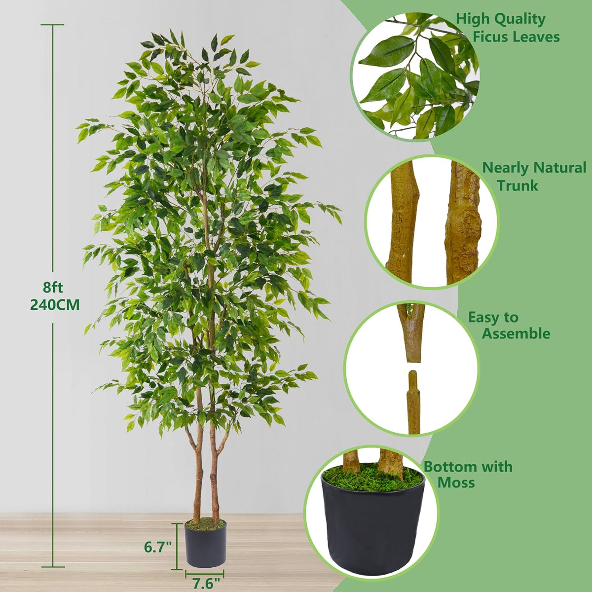 8ft Artificial Ficus Tree, 96” Realistic Ficus Leaves Large Fake Plant with Basket, Indoor Outdoor