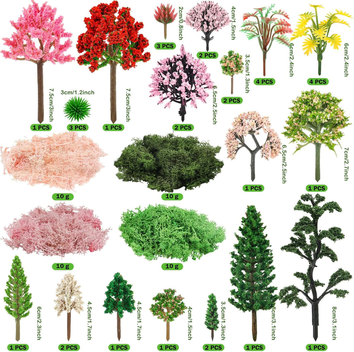 36 Pcs Mixed Model Trees with 40g Moss Pink and Green, Diorama Trees Grass Mini Fake Miniature