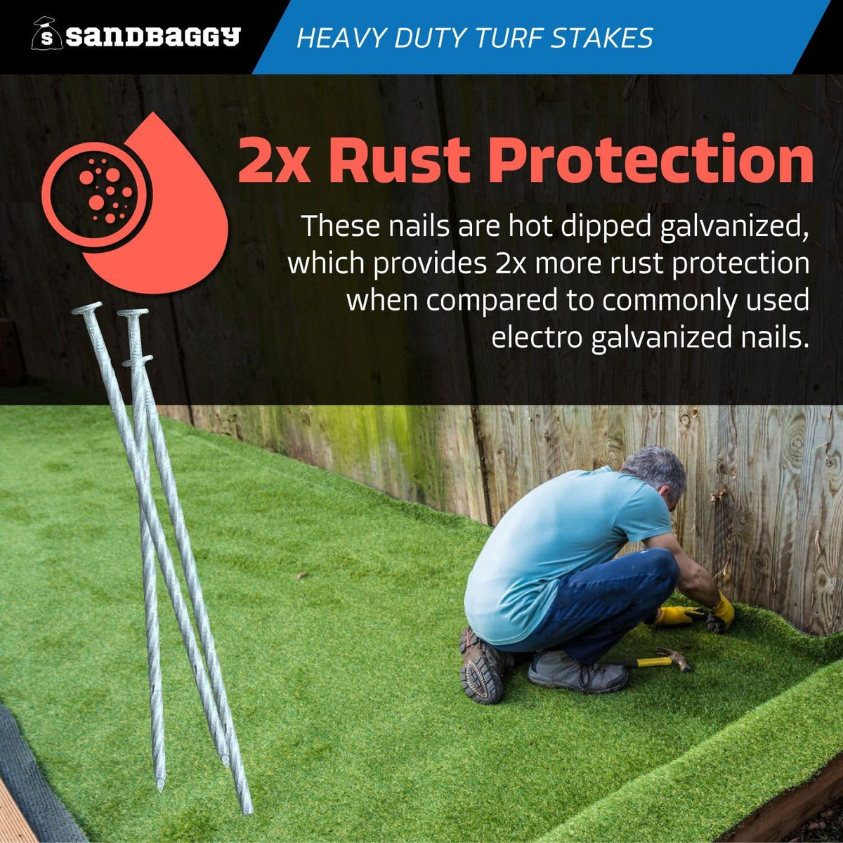Sandbaggy 8" Heavy Duty Galvanized Artificial Turf Stakes - Spiral Landscape Nails - Ground