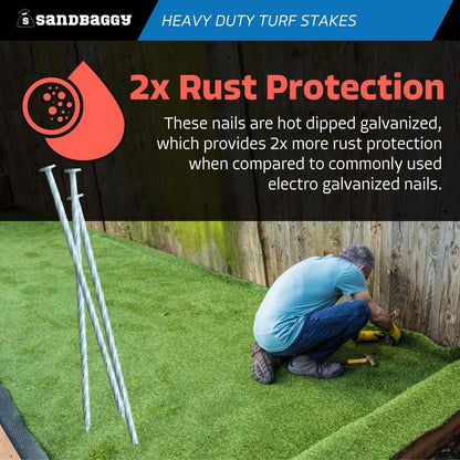 Sandbaggy 8" Heavy Duty Galvanized Artificial Turf Stakes - Spiral Landscape Nails - Ground