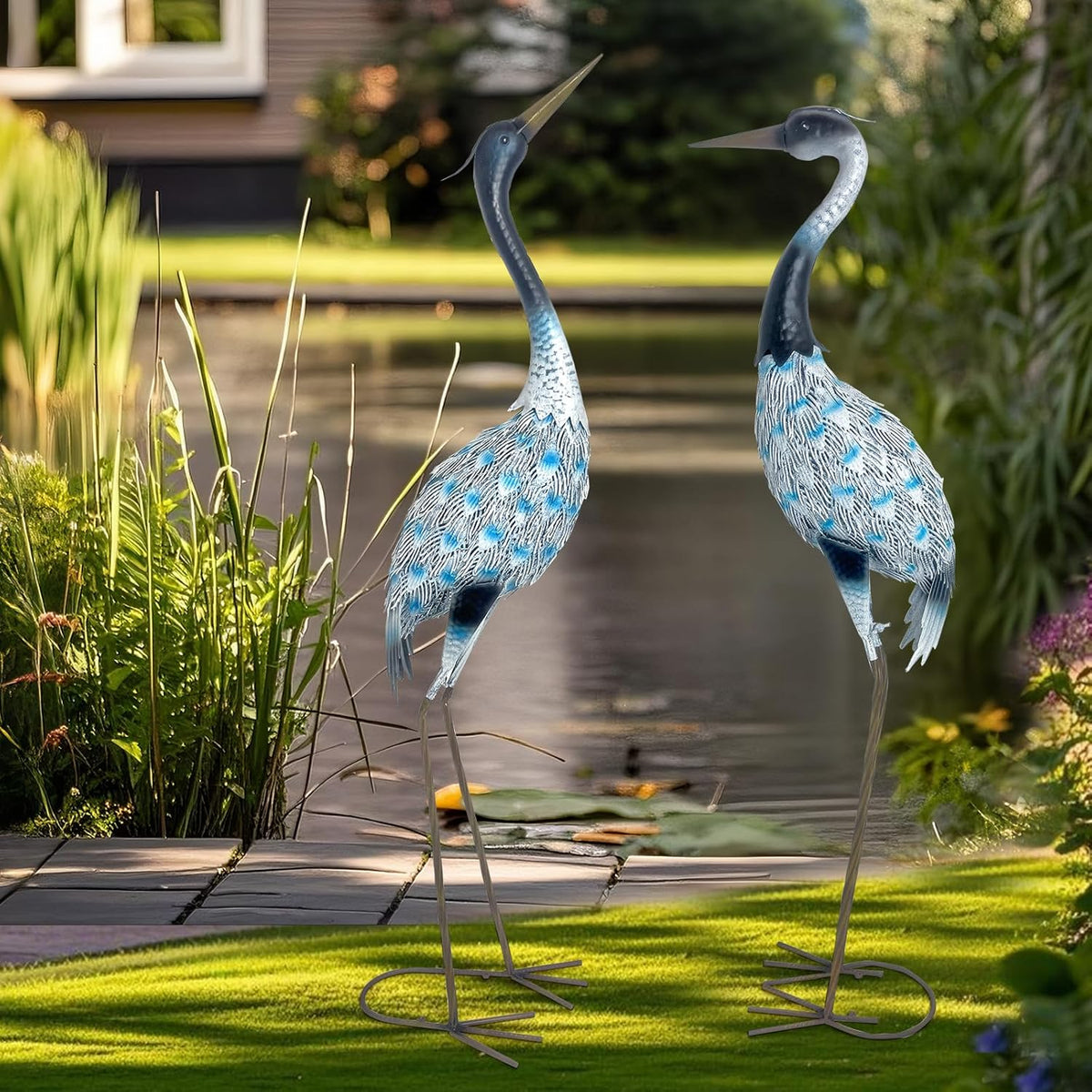 HONGLAND Garden Crane Statues Blue Heron Sculptures for Outdoor Metal Large Birds Lawn Ornaments
