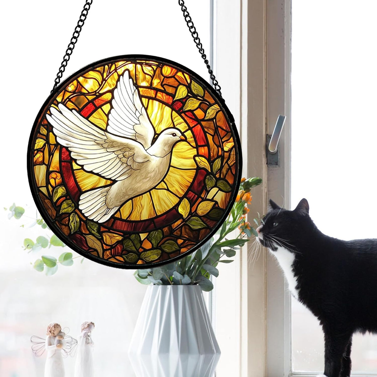 Stained Glass Window Hanging, Flying White Dove Sun Catchers Diamond Glass Panel Hangings Cute