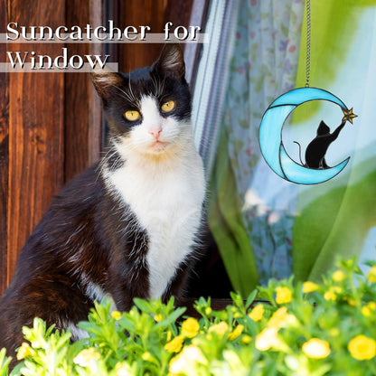 Stained Glass Cat on Moon Pick Star Window Hanging Suncatchers Memorial Gift Decor for Women (Black