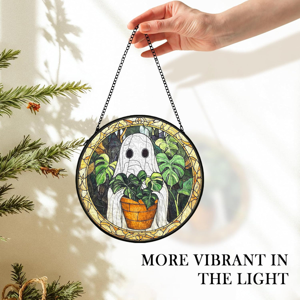 Halloween Ghost Suncatcher Stained Glass Window Hanging Decor, Cute Ghost Stained Glass Wall Decor