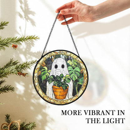 Halloween Ghost Suncatcher Stained Glass Window Hanging Decor, Cute Ghost Stained Glass Wall Decor