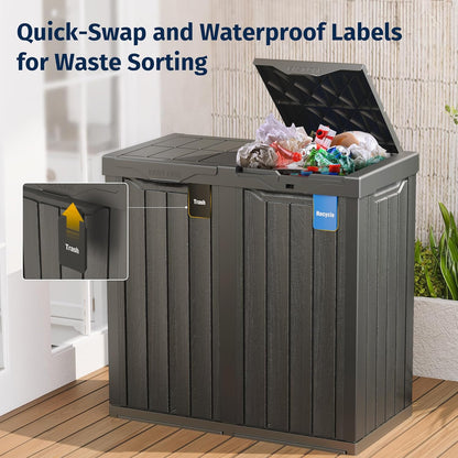EAST OAK 62 Gallon Outdoor Trash Can | Waterproof Resin Garbage Can with Recycle and Garbage Labels