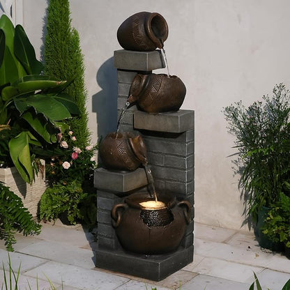 Water Fountain Outdoor 4-Tiers Cascading Realistic Bowls Waterfall Clay Pot Design Outdoor Fountain