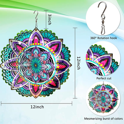 Goolyrusim Wind Spinner Mandala Jasmine, 12Inch Laser Cut Stainless Steel Wind Spinners, 3D Hanging