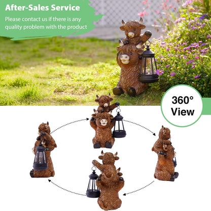 Goodeco 9.5 Inch Highland Cattle with Solar Lantern – Resin Garden Decor, Outdoor Statue & Unique