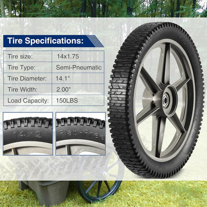 MaxAuto 14 x 1.75" Spoked Plastic Wheel with Tire Replacement for Craftsman Mower, Wheelbarrow