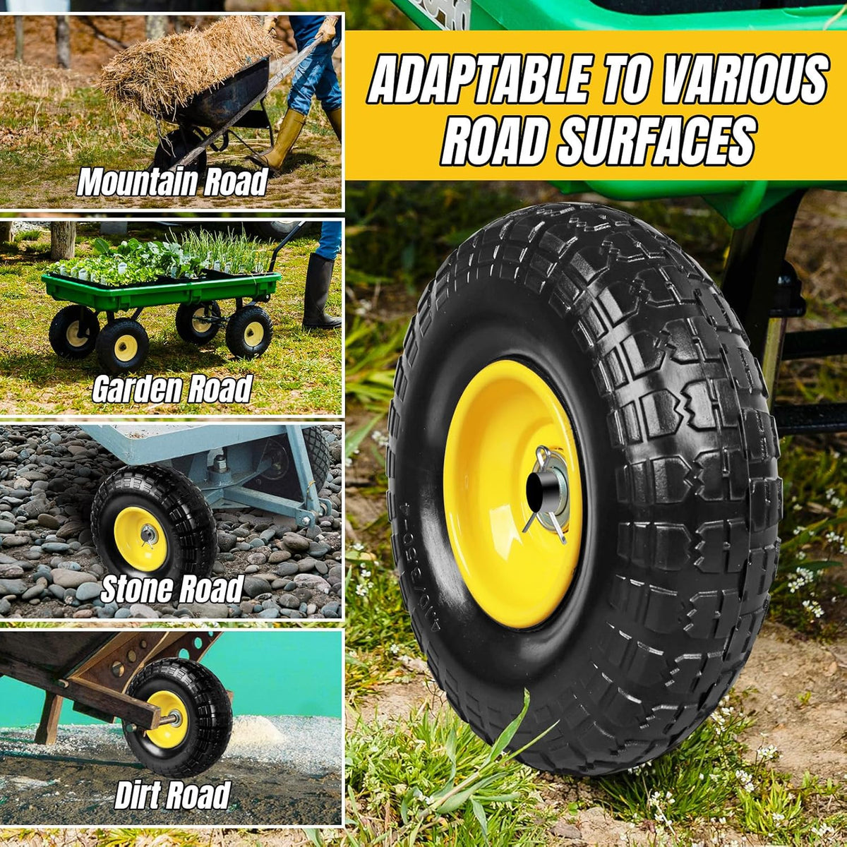 10 Inch Soild Rubber Dolly Tire Wheels, 4.10/3.50-4" Tire and Wheel Flat Free for Garden Carts