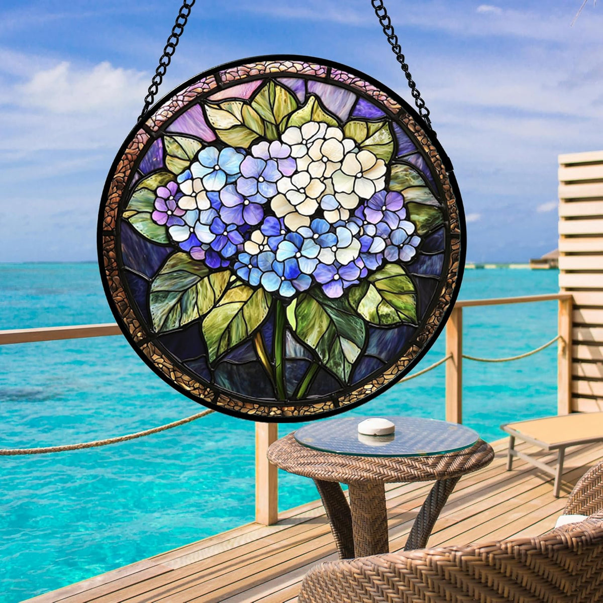 Stained Glass Window Hanging, Hydrangea Flowers Sun Catchers Diamond Glass Panel Hangings Plant
