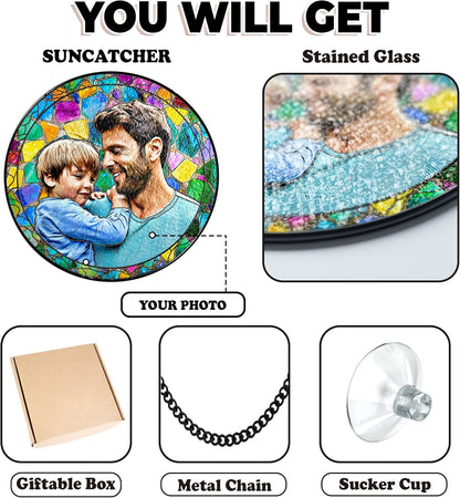 Personalized Grandpa Stained Glass Suncatcher, Photo Family Faux Stained Glass Window Hanging