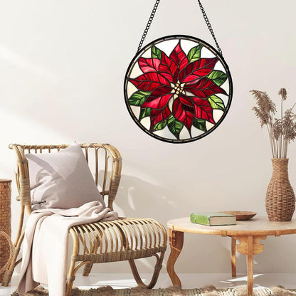 Stained Glass Window Hanging - Red Poinsettia Birth Flower Suncatcher for Door Garden Yard Sun