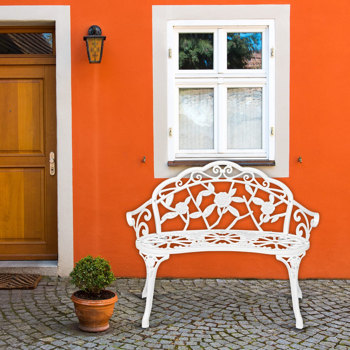 VINGLI 38.5" Patio Park Garden Outdoor Metal Rose Bench, 2-Person Cast Iron Cast Aluminium Frame