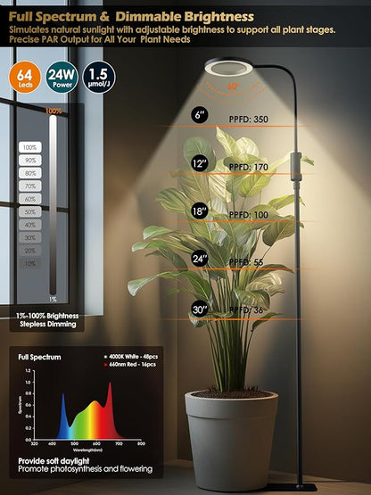 Smart Grow Lights for Indoor Plants,24W Plant Light with Auto-Timer,Full Spectrum LED Grow Light