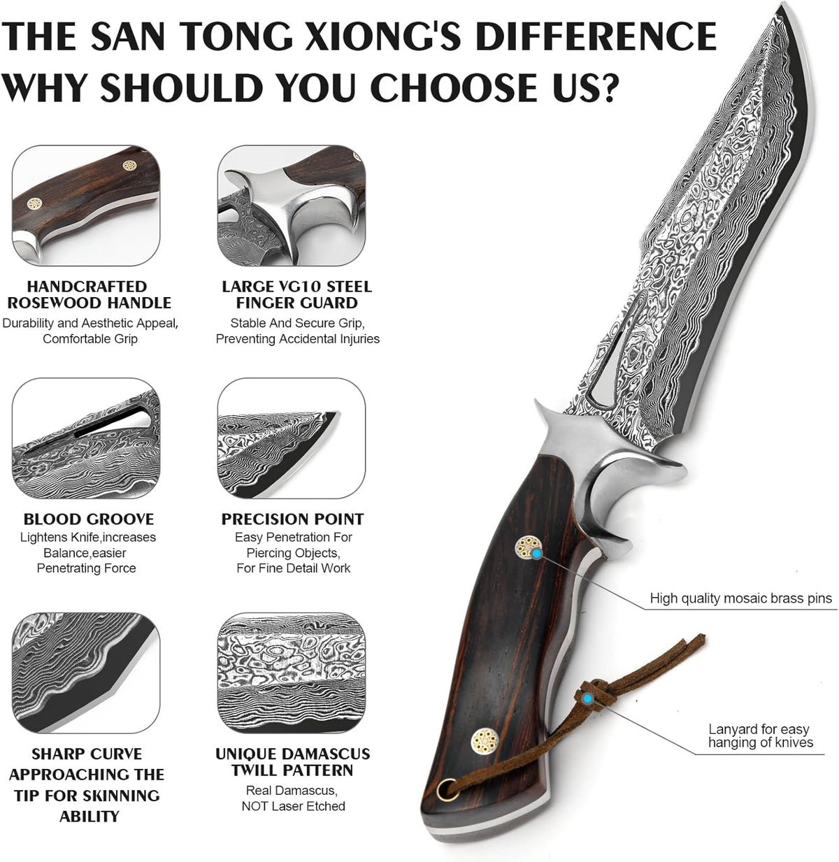 Handmade Damascus Hunting Knife,10.4"Fixed Blade Bowie Knife with Leather Sheath,Real Damascus