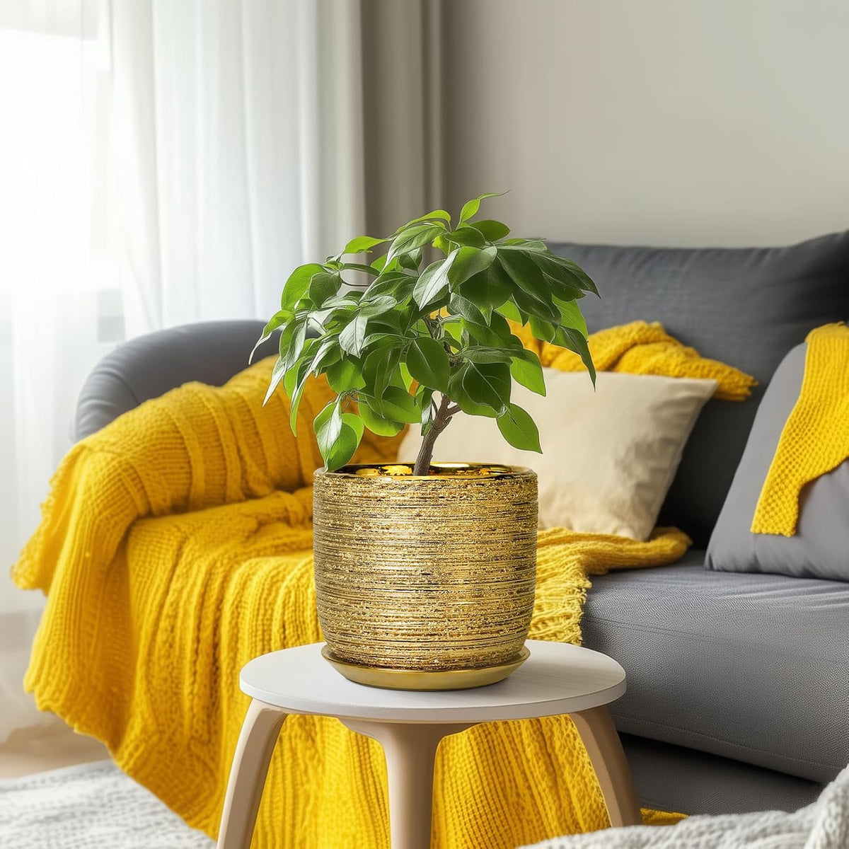 8 Inch Plant Pot - Ceramic Planter with Drainage Hole and Saucer, Modern Round Planter for Indoor