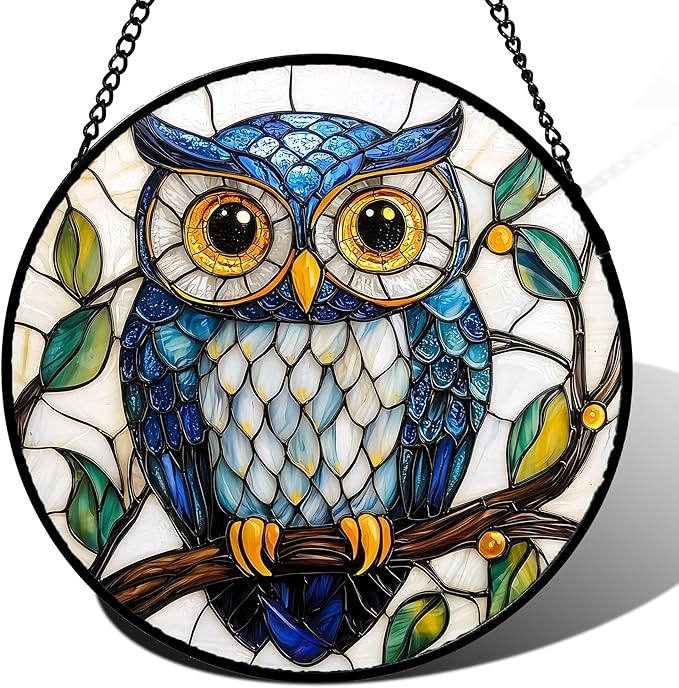 Stained Glass Window Hanging, Owl Gifts for Women Sun Catchers Diamond Glass Panel Hangings Birds