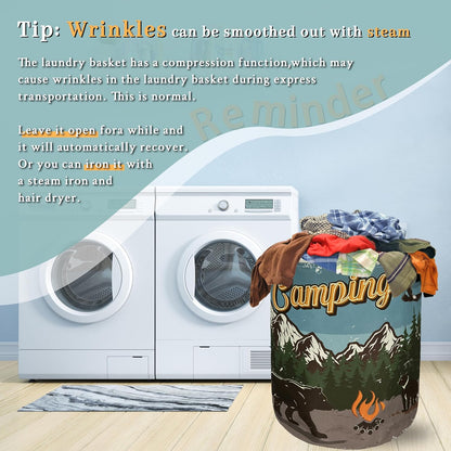 Retro Camping Mountain Bear Laundry Basket Foldable With Handles Tote Bag Oxford Cloth Funny