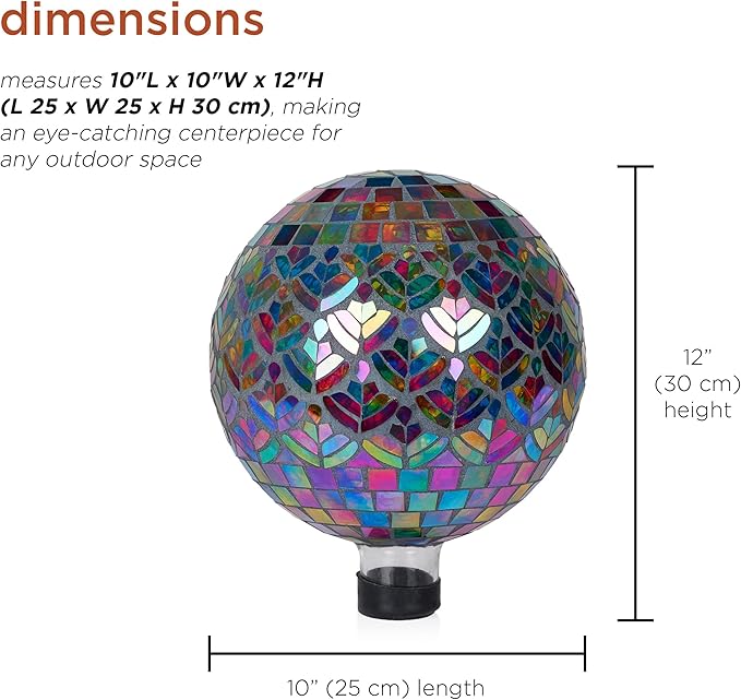 Alpine Corporation - Outdoor Glass Mosaic Peacock Gazing Globe - Iridescent Garden Decor, 10"