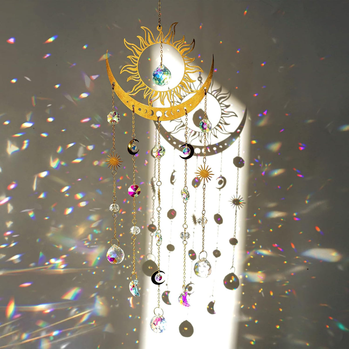 H&D HYALINE & DORA Sun and Moon Suncatcher Crystal Wind Chimes for Hanging Outdoor Indoor Glass