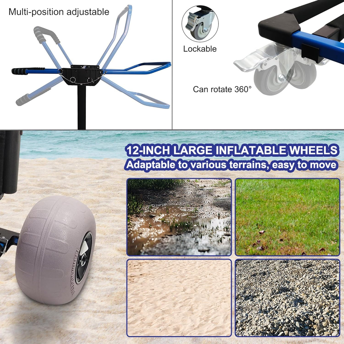 Beach Cart Foldable Fishing Trolley with 12 inch Balloon Wheels for Sand All-Terrain