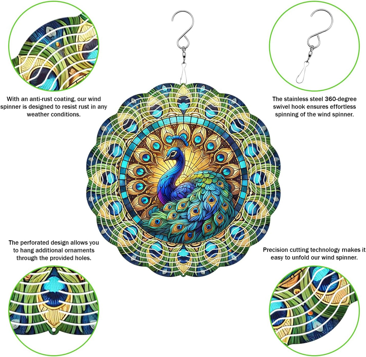 Peacock Wind Spinner, 3D Hanging Stainless Steel Garden Spinner, Wind Spinner Hanging for Outdoor &