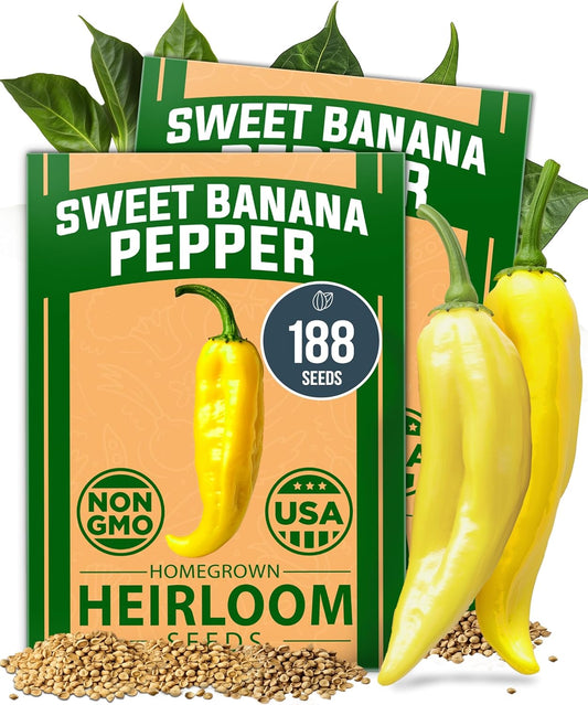 HOME GROWN Banana Pepper Seeds 2 Pack (Capsicum annuum) – 188 𝗡𝗢𝗡-𝗚𝗠𝗢, 𝗨𝗦𝗔-𝗦𝗢𝗨𝗥𝗖𝗘𝗗
