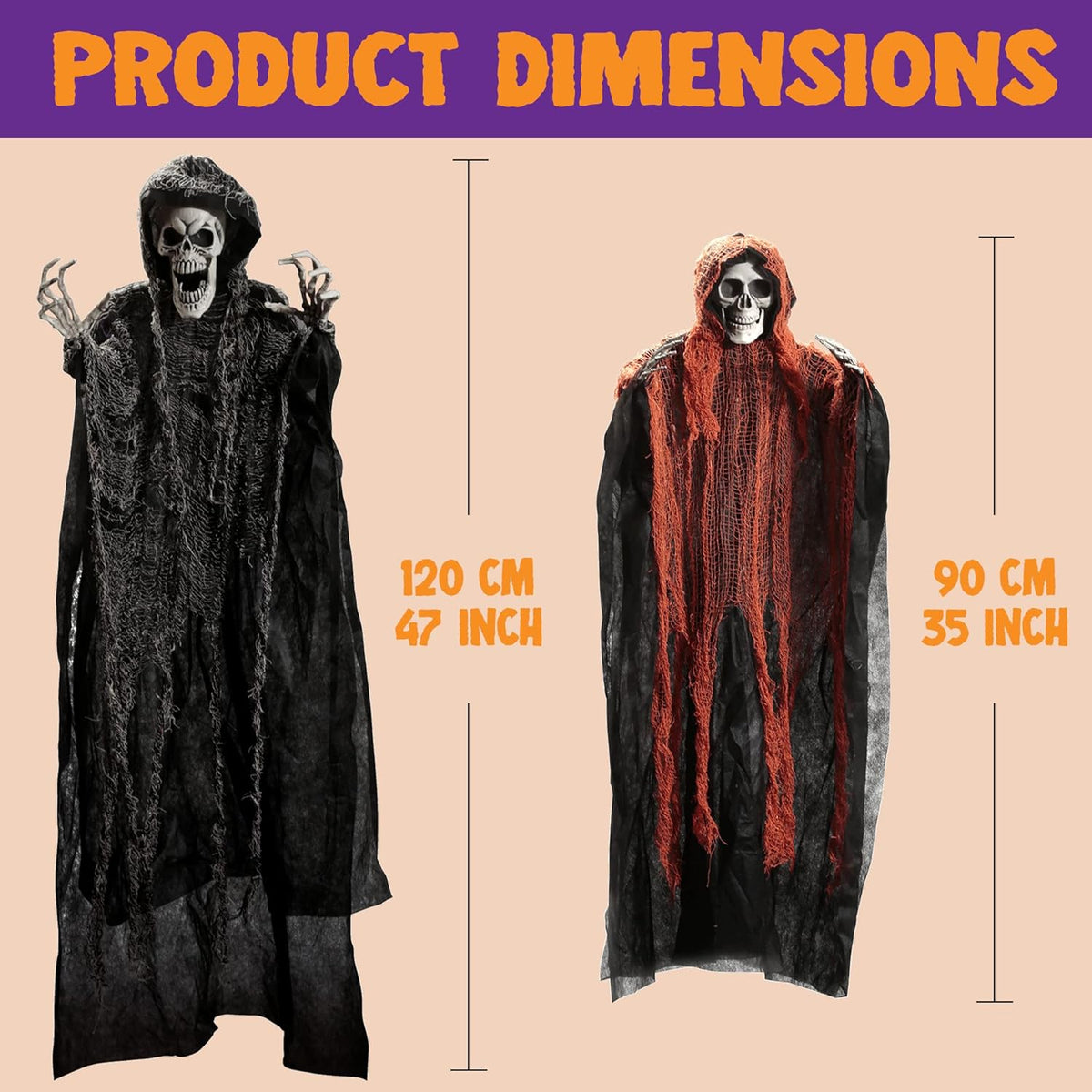 JOYIN Halloween Hanging Grim Reapers (3 Pack), One 47” and Two 35” Grim Reapers, Halloween Skeleton