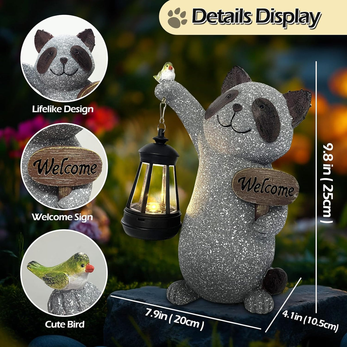 Raccoon Garden Statue with Solar Lantern, Cute Raccoon Figurine Light with Welcome Sign and Bird
