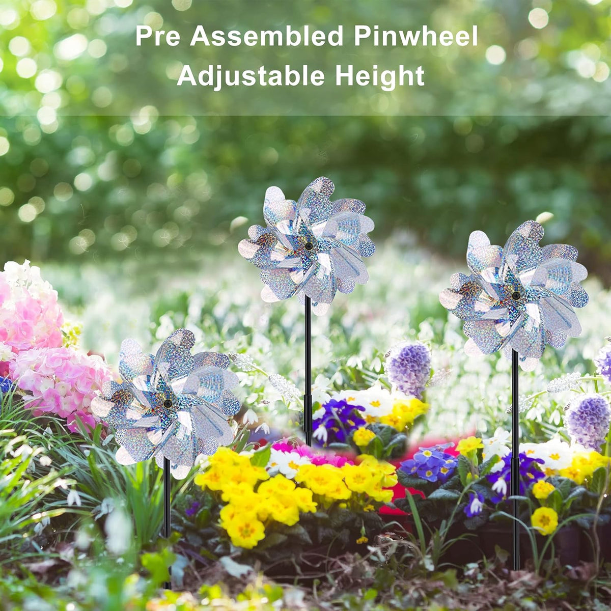 10 Pack Reflective Pinwheels with Plastic Stakes| 19.7 inch Pre-Assembled Sparkle Pin Wheel Set |