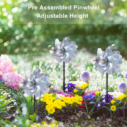 10 Pack Reflective Pinwheels with Plastic Stakes| 19.7 inch Pre-Assembled Sparkle Pin Wheel Set |