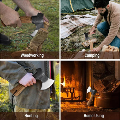 Small Camping Axe with Leather Sheath, 8.46" Backpacking Hatchet with Wooden Handle, Splitting Axe